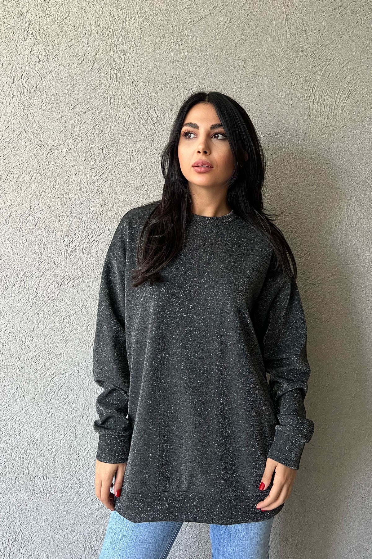 Siyah Simli Bisiklet Yaka Sweat SY-1211-Siyah