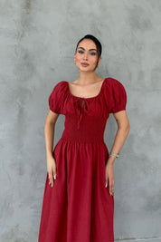 Bordo Önü Gipeli Kısa Kol Elbise SY-3005-Bordo