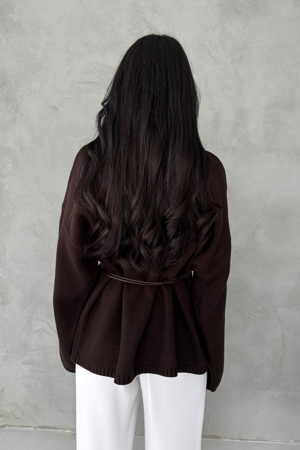 Kahve Deri Kemerli Triko Hırka SY-3405-Kahve