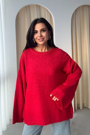 Kırmızı Bisiklet Yaka Oversize Pinterest Triko Kazak SY-3343-Kırmızı