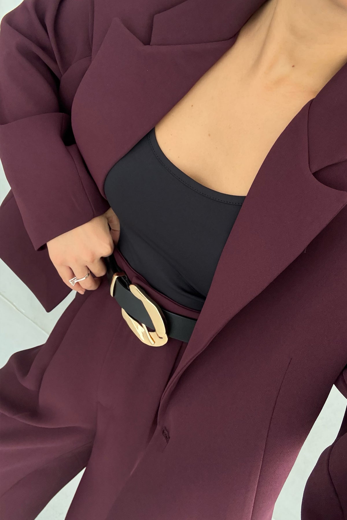 Mürdüm Oversize Tek Düğmeli Ceket Pantolon Takım SY-3389-Mürdüm