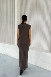 Kahverengi Düğmeli Yelek Çan Etek Triko Takım SY-2492-Kahverengi