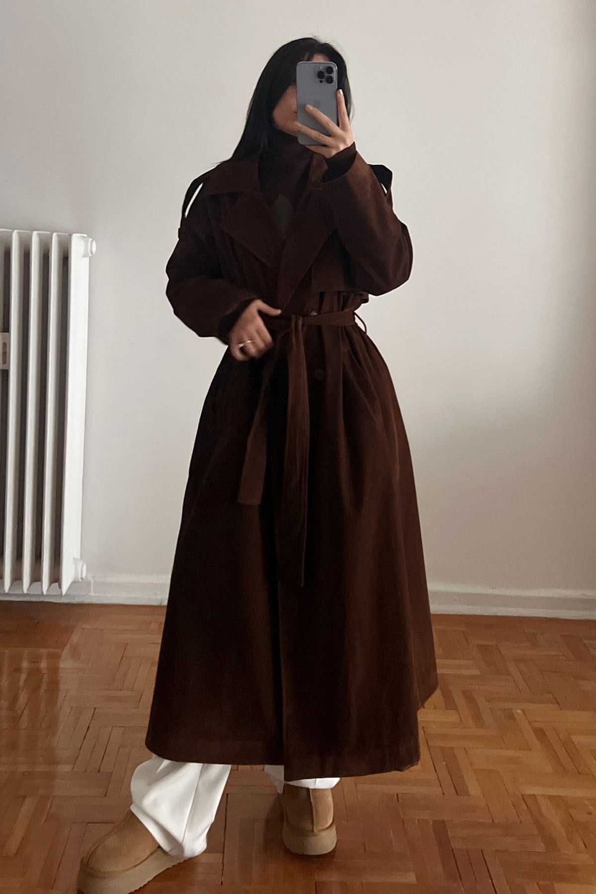 Acı Kahve Ponza Yırtmaç Detay Premium Süet Trençkot SY-2635-Acı Kahve