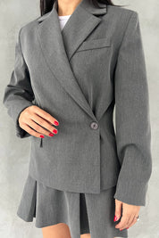 Gri Kruvaze Yandan Düğmeli Blazer Ceket SY-2546-Gri