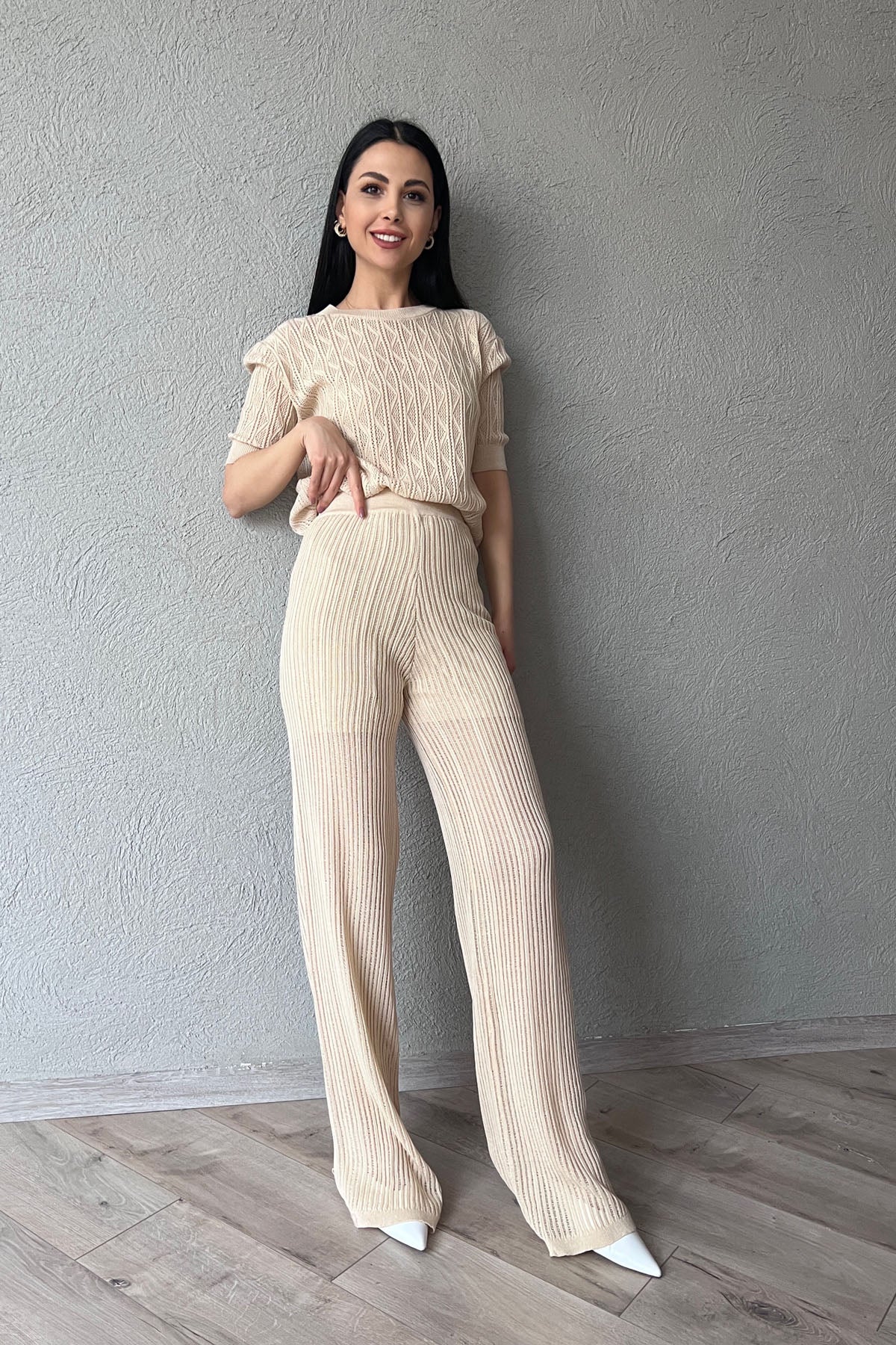 Bej Delikli Ajurlu İkili Tasarım Takım SY-0493-Bej