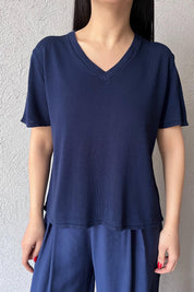 Lacivert V Yaka Kısa Kol Triko T-shırt SY-1731-Lacivert