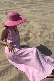 Pembe V Yaka Sırt Detaylı Uzun Keten Elbise SY-2184-Pembe