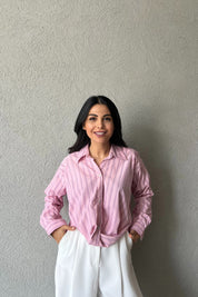 Pembe Çizgili Önü Tasarım Bağlamalı Gömlek SY-2046-Pembe