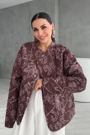 Kahve Etnik Desenli Astarlı Kapitone Mont SY-3448-Kahve