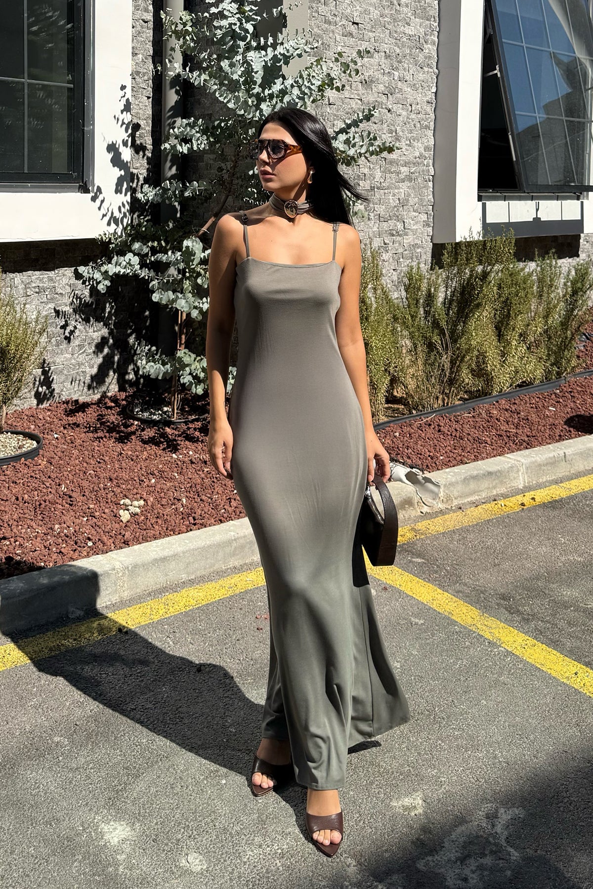 Haki Gold Kuşaklı Midi Elbise SY-3332-Haki