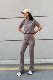 Kahve Modal T-Shirt İspanyol Paça Tayt Takım SY-3314-Kahve