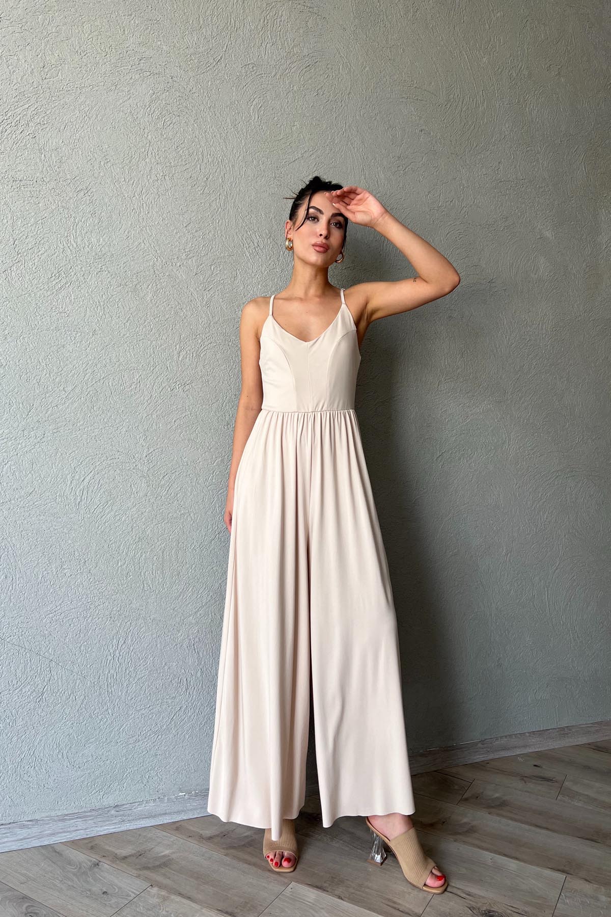 Bej İnce Askı Detaylı Bol Paça Modal Tulum SY-1980-Bej