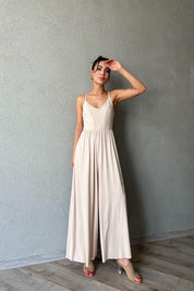 Bej İnce Askı Detaylı Bol Paça Modal Tulum SY-1980-Bej