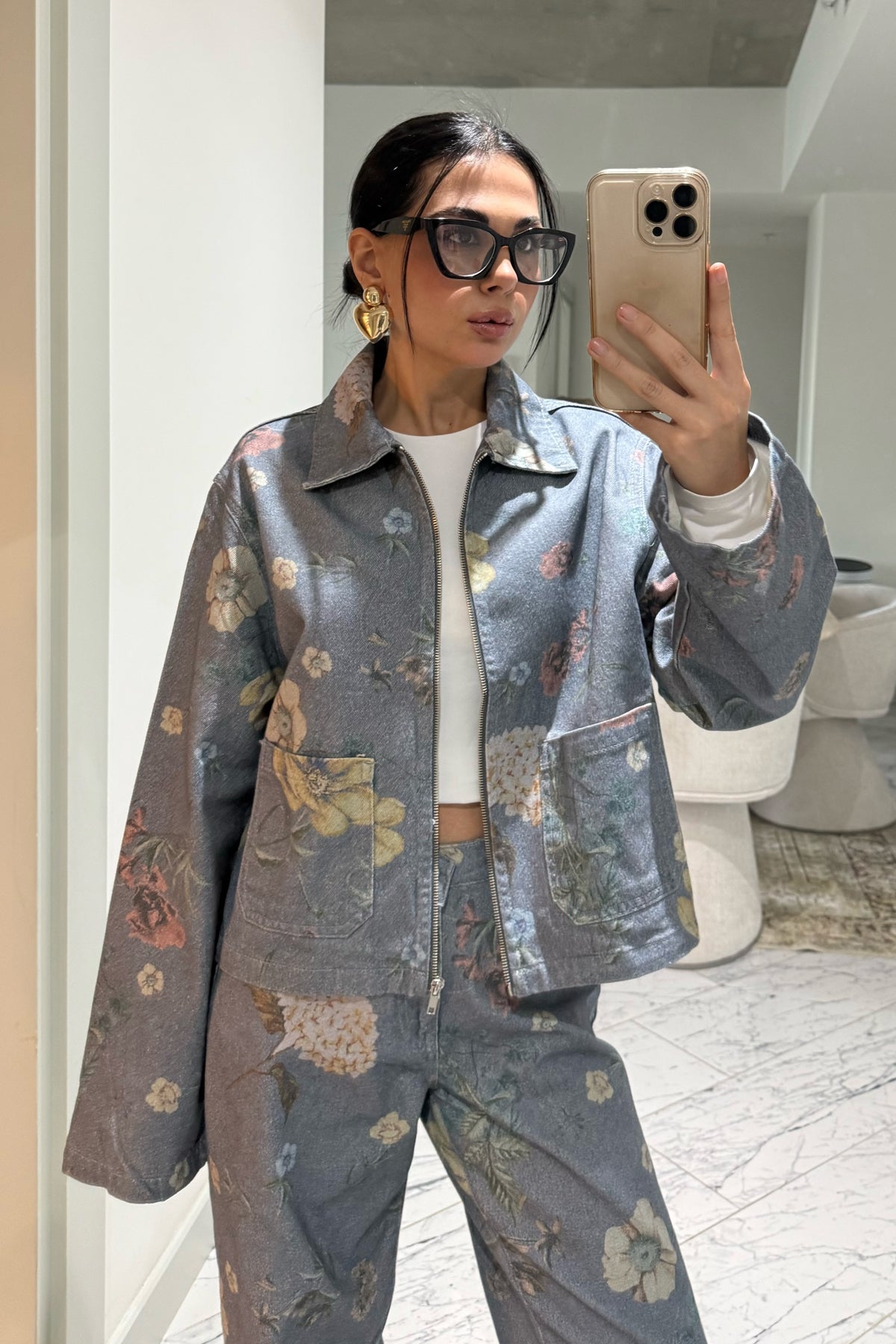 Mavi Çiçek Desenli Denim Ceket SY-3501-Mavi – Seda Yalçın Atelier