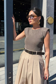 Kahve Eteği Pileli Kemerli Elbise SY-3331-Kahve