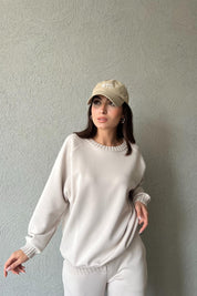 Bej Triko Detay Modal Sweatshırt SY-1796-Bej
