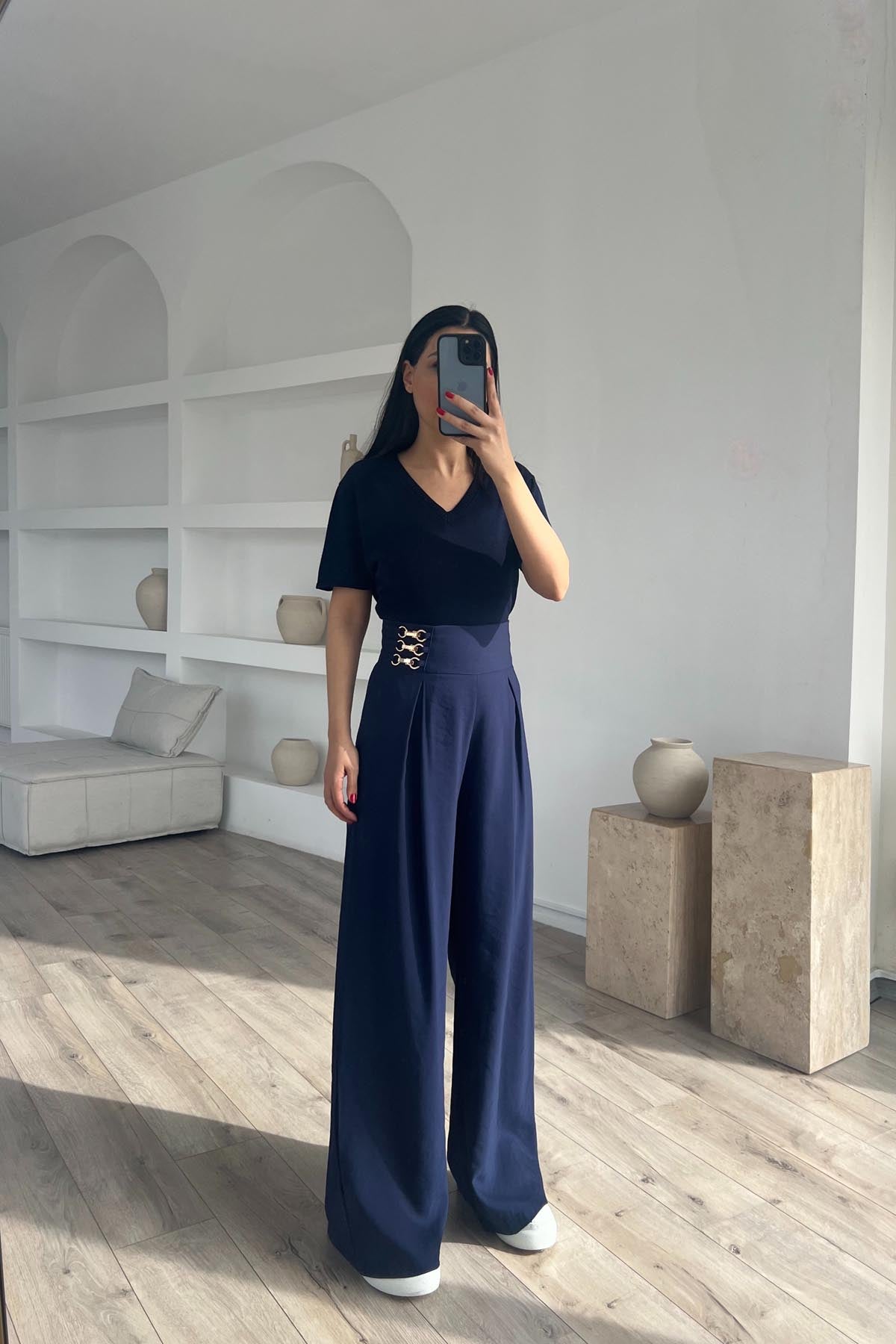 Lacivert V Yaka Kısa Kol Triko T-shırt SY-1731-Lacivert