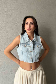 Mavi Kar Yıkamalı Yırtık Detaylı Crop Jean Yelek SY-2004-Mavi