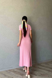 Pembe Kısa Kol Fitilli Midi Boy Triko Elbise SY-2111-Pembe