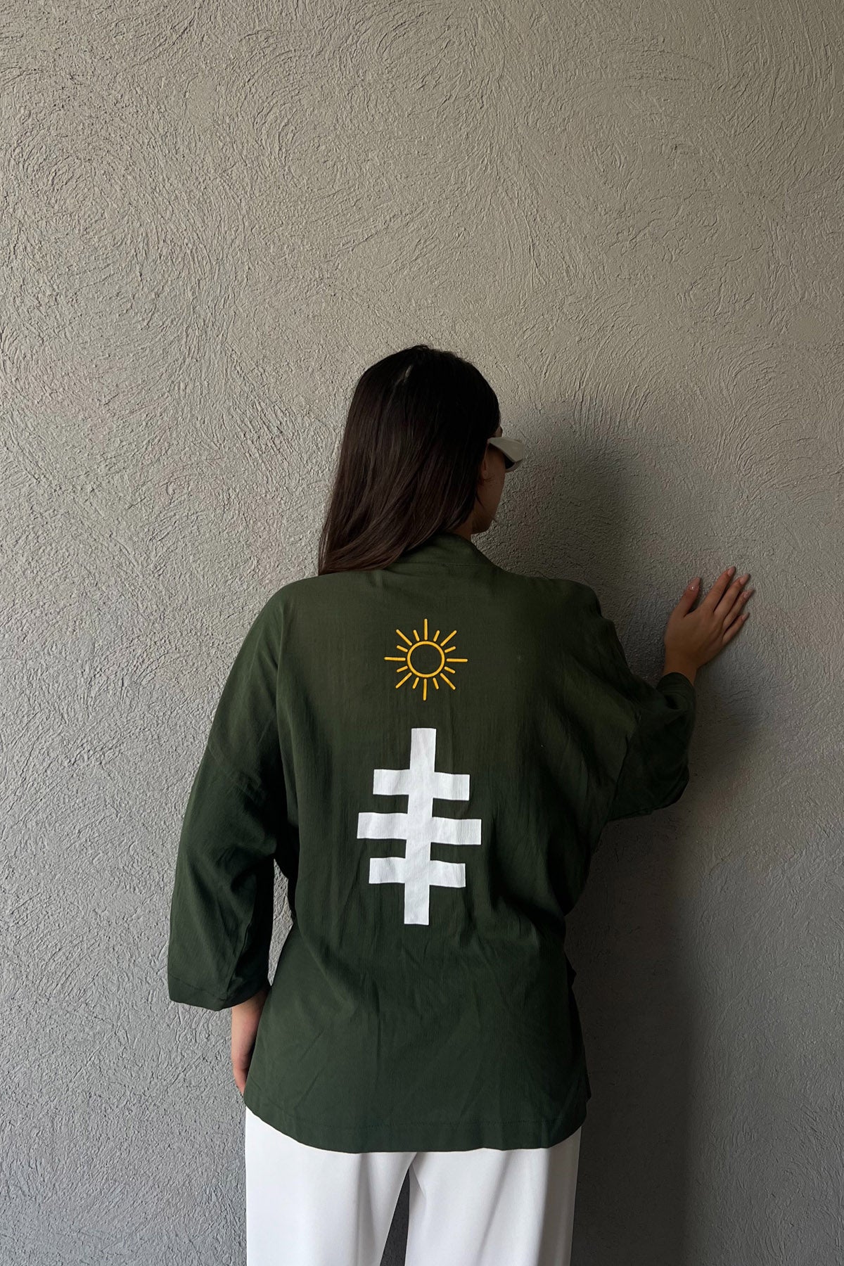 Haki Arkası Baskılı Bağlama Detaylı Keten Kimono SY-1613-Haki