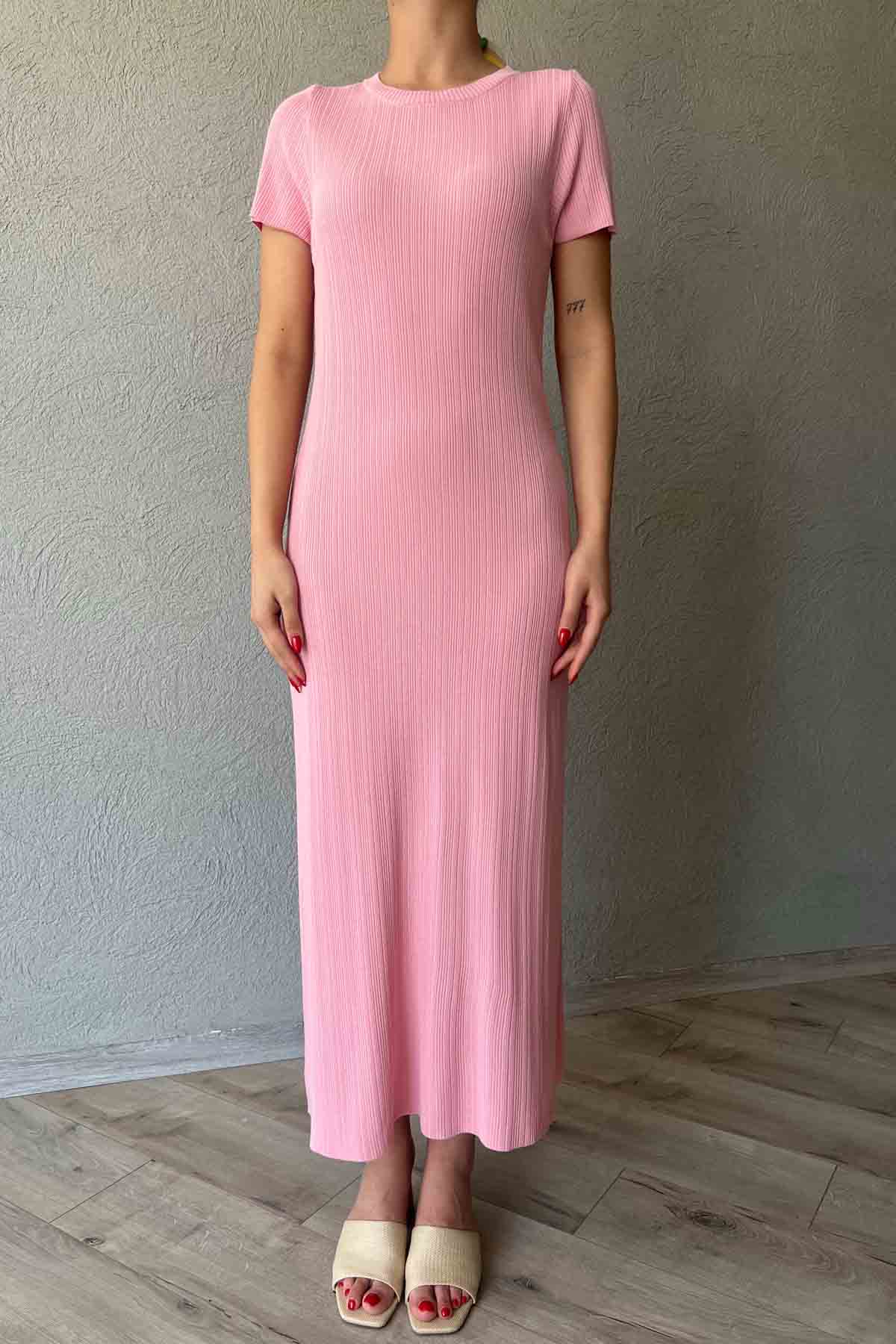 Pembe Kısa Kol Fitilli Midi Boy Triko Elbise SY-2111-Pembe