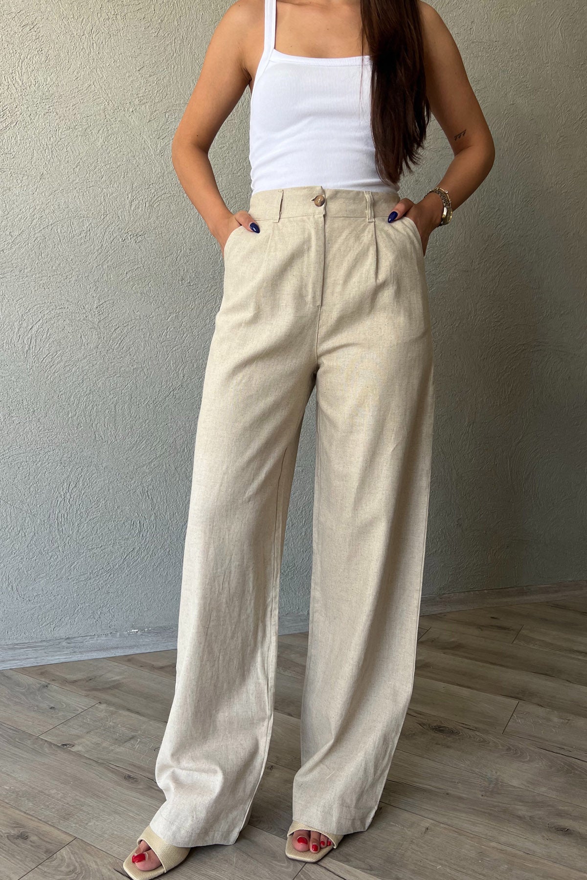 Bej Ham Keten Bol Paça Palazzo Pantolon SY-2238-Bej