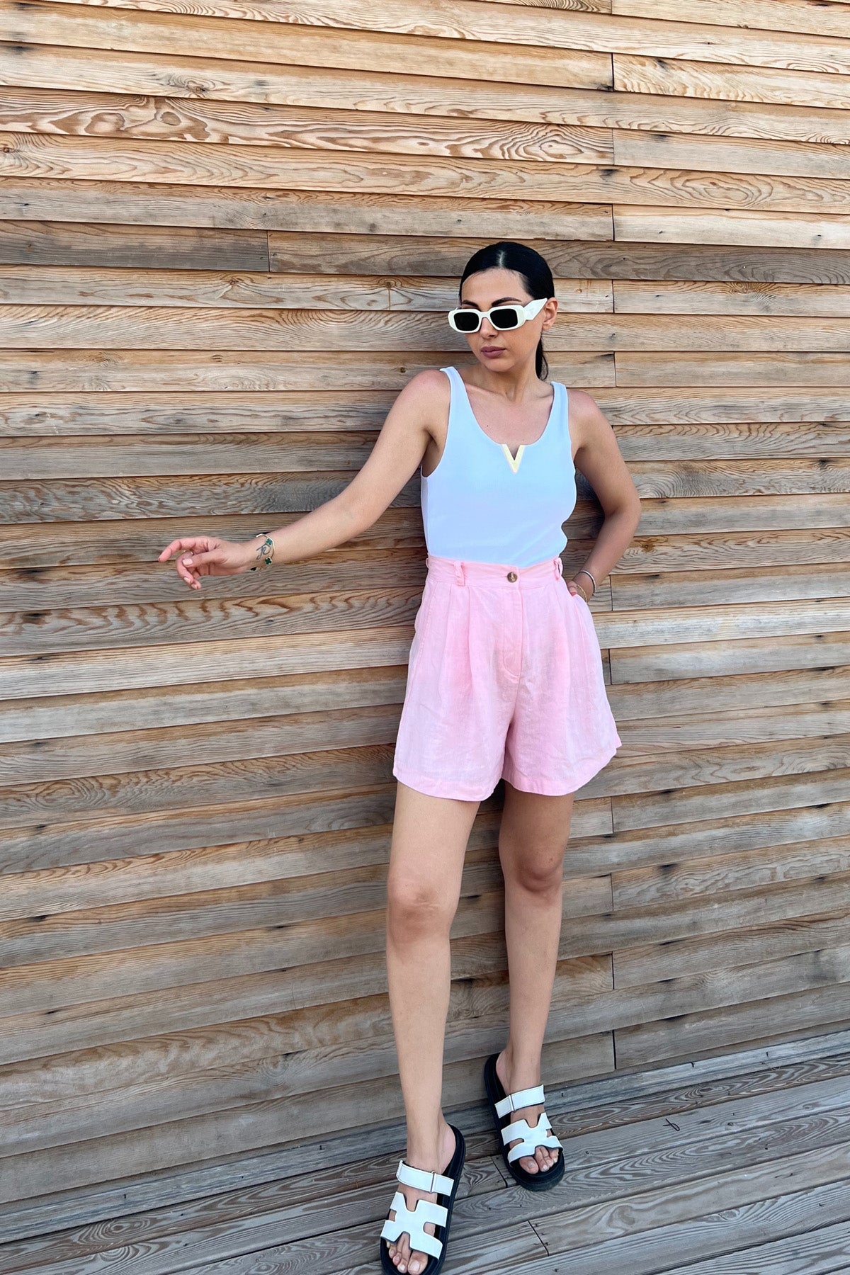 Pembe Pile Detaylı Keten Şort SY-2187-Pembe