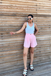 Pembe Pile Detaylı Keten Şort SY-2187-Pembe