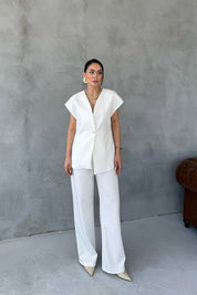 Ekru Gold Düğme Detaylı Asimetrik Kesim Yelek Pantolon Takım SY-3004-Ekru