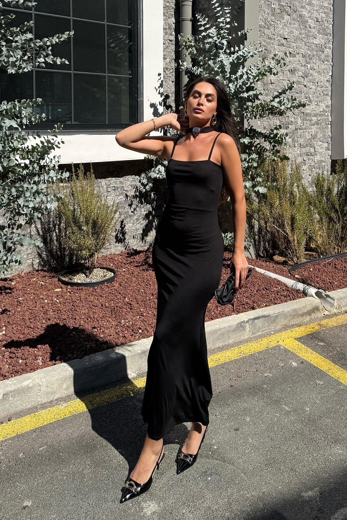 Siyah Gold Kuşaklı Midi Elbise SY-3332-Siyah