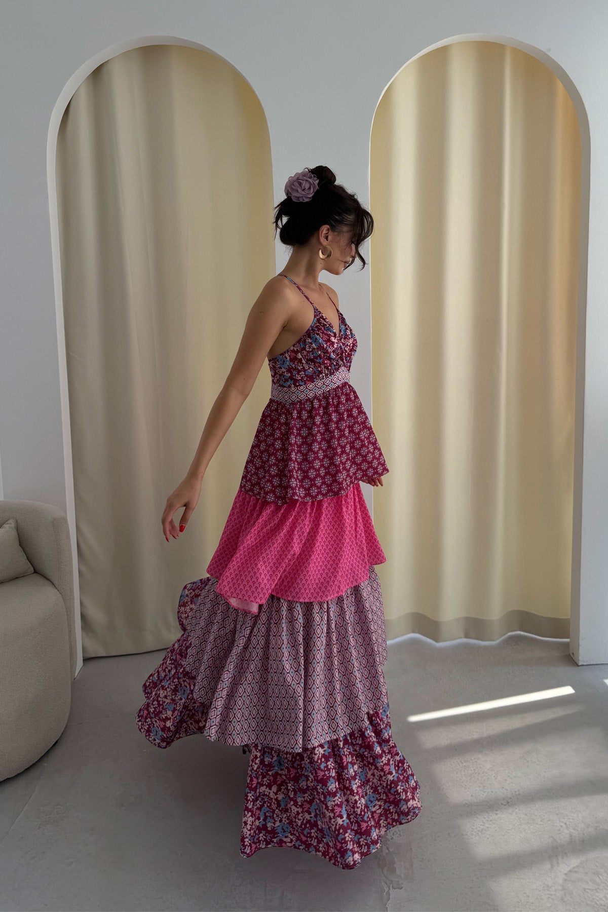 Renkli Kat Kat Detaylı Paris Elbise SY-3273