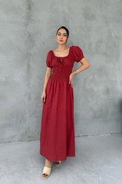 Bordo Önü Gipeli Kısa Kol Elbise SY-3005-Bordo