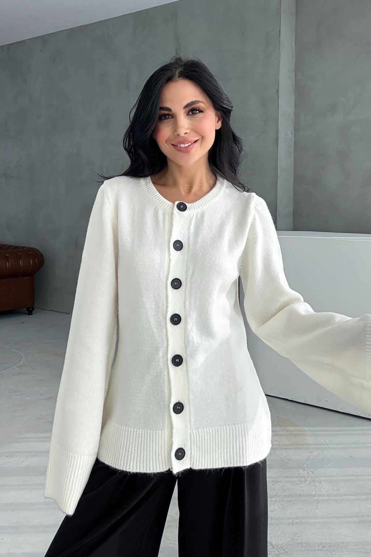 Düğme Detaylı Ekru Triko Hırka SY-3418-Ekru