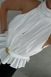 Beyaz Toka Detaylı Halter Yaka Bluz SY-3288-Beyaz