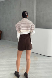 Kahve Düğmeli Cepli Mini Denim Etek SY-3432-Kahve