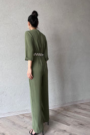 Haki Kemeri Desenli  Kruvaze Yaka Tulum SY-0454-Haki