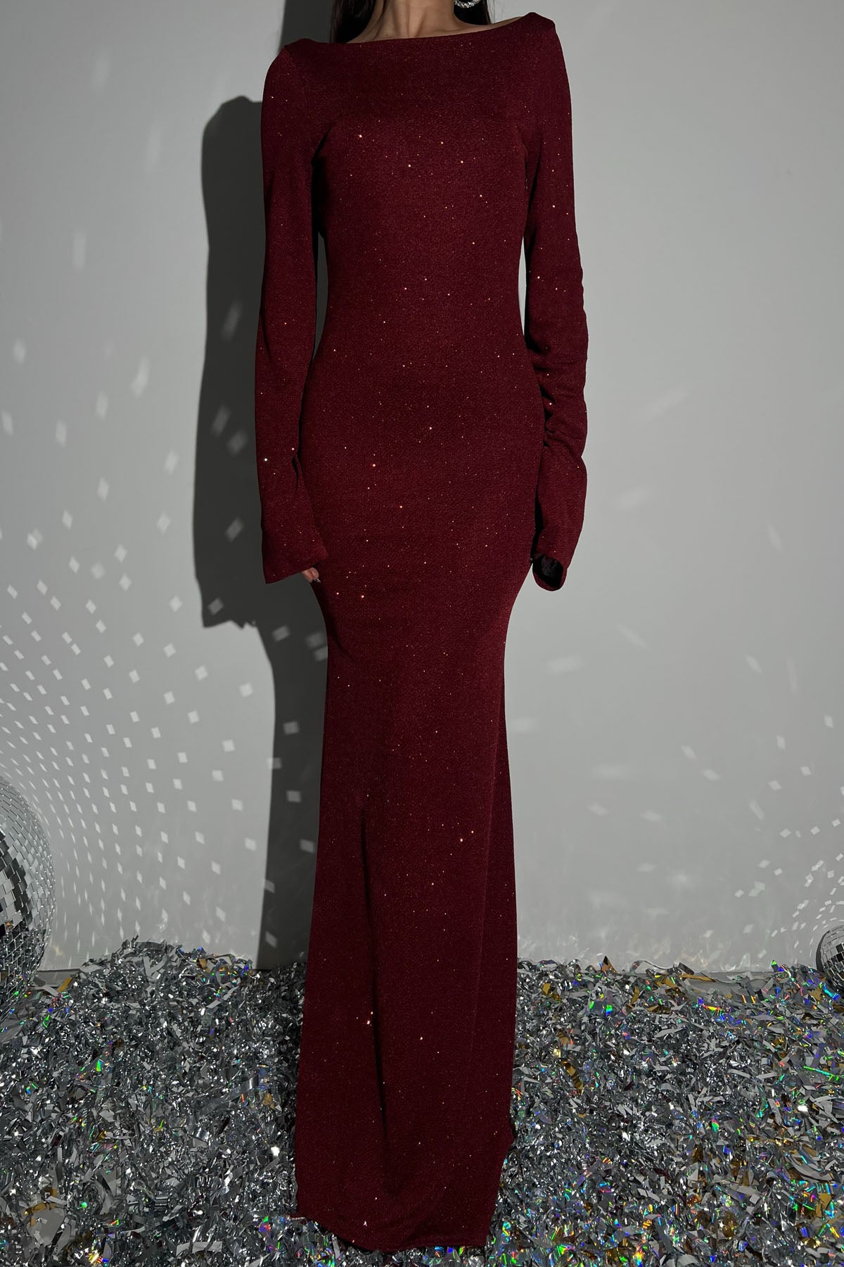 Bordo Simli Sırt Detaylı Kalem Elbise SY-2807-Bordo