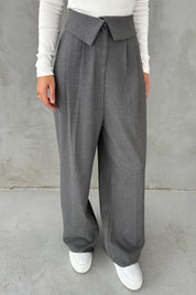 Gri Kıvrık Bel Detaylı Palazzo Pantolon SY-3411-Gri