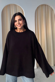 Siyah Bisiklet Yaka Oversize Pinterest Triko Kazak SY-3343-Siyah