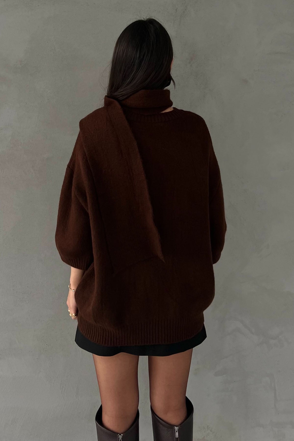 Kahverengi Kısa Kollu Şal Detay Oversize Kazak SY-2818-Kahverengi