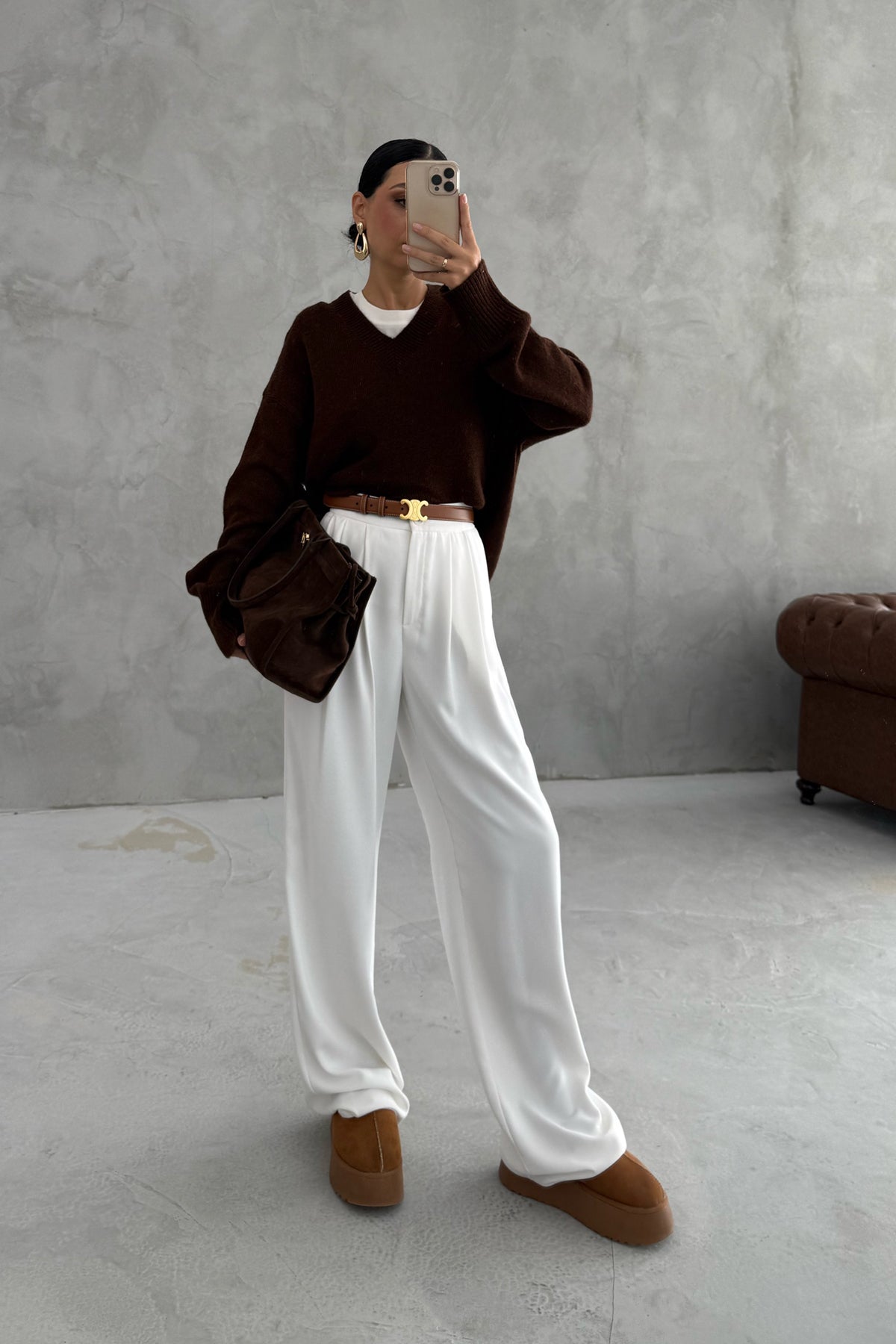 Kahve V Yaka Oversize Pinterest Triko Kazak SY-3348-Kahve