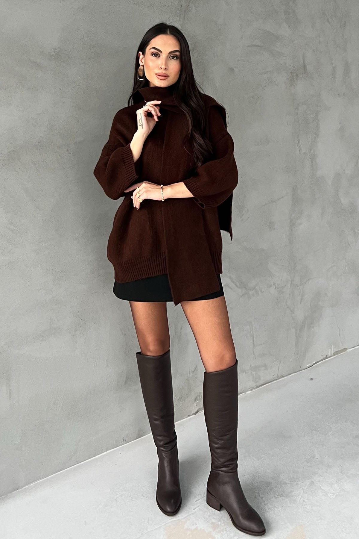 Kahverengi Kısa Kollu Şal Detay Oversize Kazak SY-2818-Kahverengi