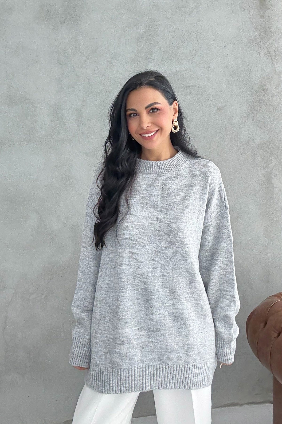 Gri Bisiklet Yaka Lastikli Pinterest Triko Kazak SY-3368-Gri