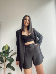 Siyah Pileli Keten Şort SY-2591-Siyah