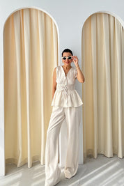 Taş Lastik Detaylı Bluz Pantolon Takım SY-3259-Taş