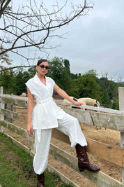 Ekru Şal Yaka Kemerli Yelek Pantolon Takım SY-2101-Ekru