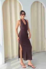 Kahve Boyundan Bağlamalı Fiorantina Yırtmaçlı Elbise SY-3274-Kahve