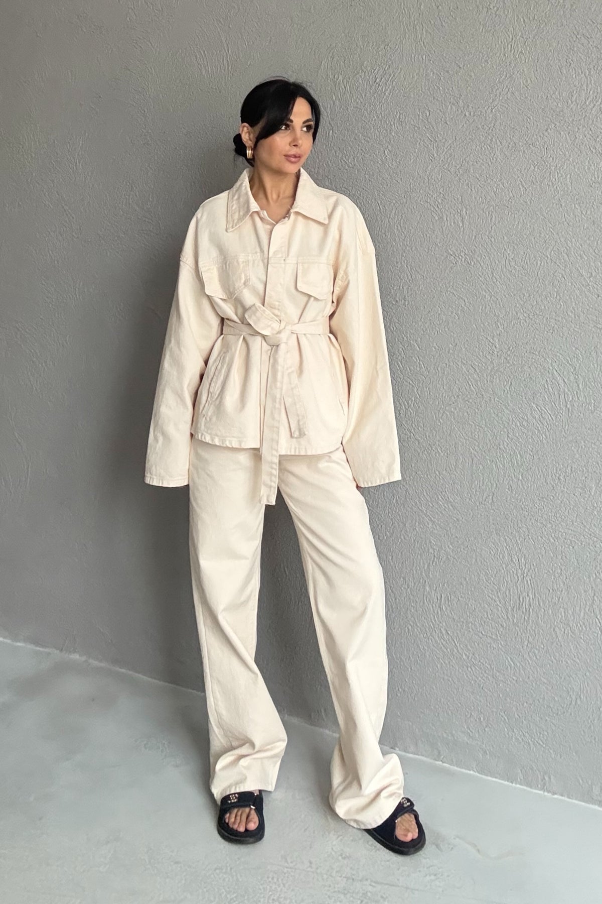 Krem Beli Bağlamalı Denim Ceket Pantolon Takım SY-2884-Krem