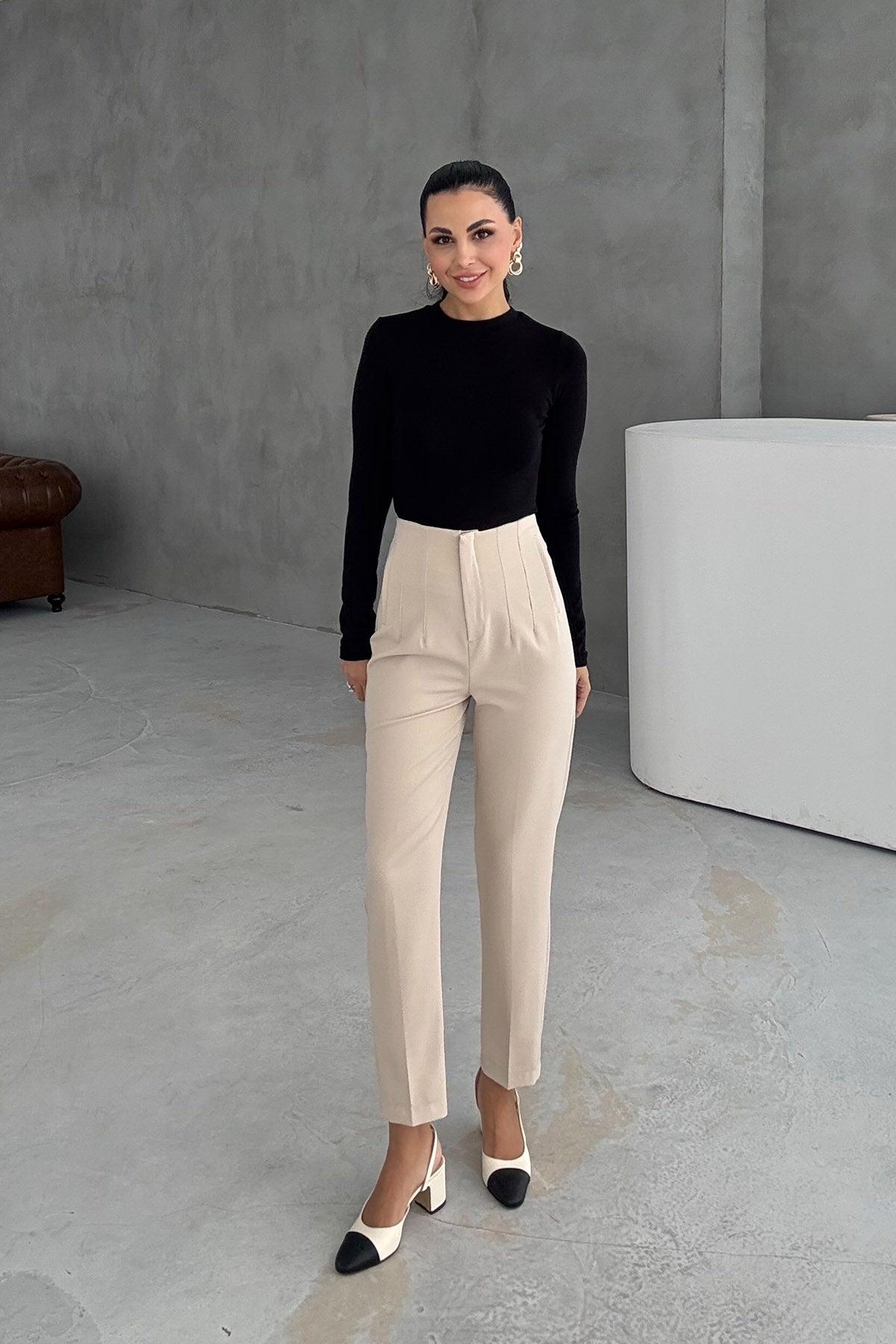 Bej Çift Pensli Fleto Cepli Pantolon SY-3106-Bej