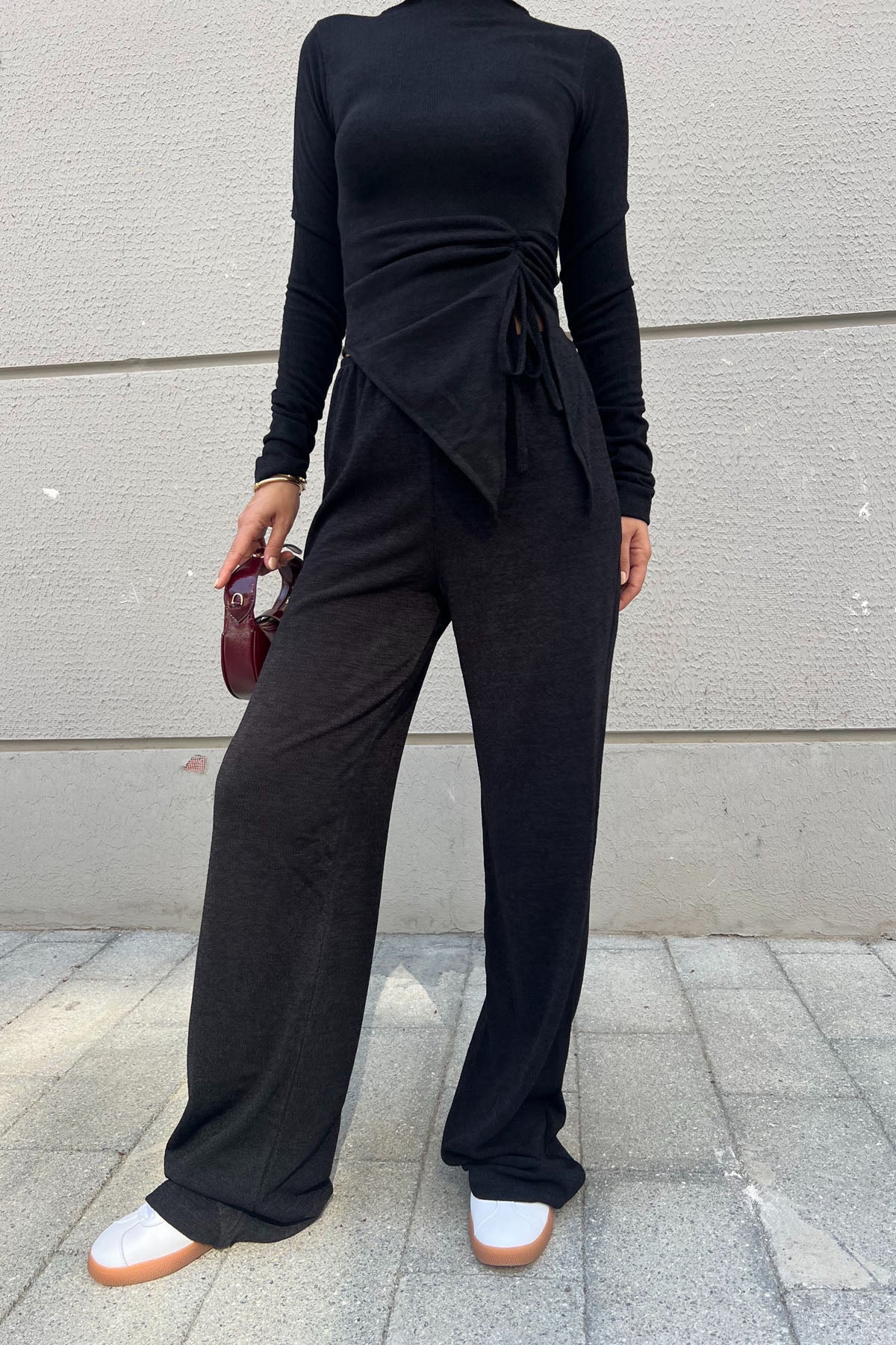 Siyah Uzun Kollu Büzgü Detaylı İkili Triko Takım SY-2455-Siyah